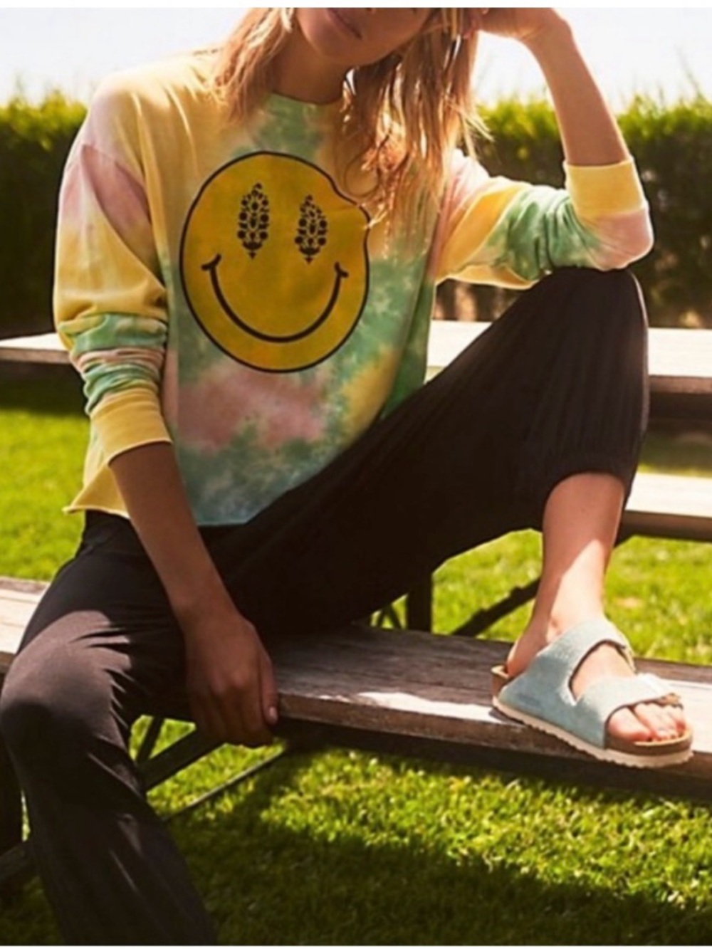 Free People Pastel Tie-Dye Smiley Face Top - Yellow, Green, Pink